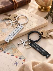 Couple Travel Keychain, Stainless Steel Airplane Heart Charm Key Tag, Long Distance Relationship Gift For Boyfriend Girlfriend - Multicolor - View 3