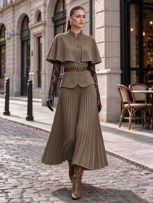 Women's Solid Color Cape Sleeve Single-Breasted Shirt And Pleated Skirt Elegant 2 Pieces Set - Army Green - View 1
