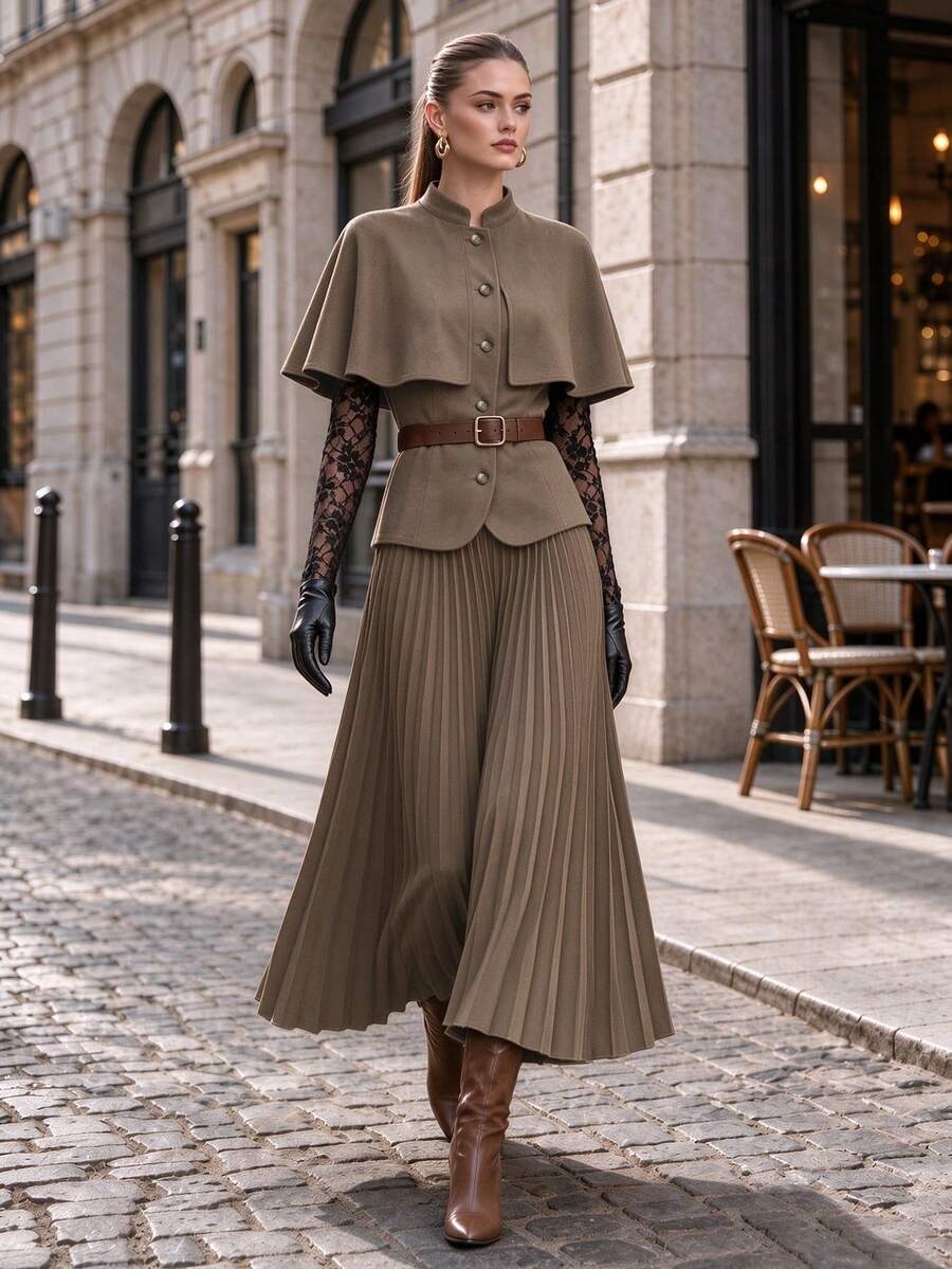 Women's Solid Color Cape Sleeve Single-Breasted Shirt And Pleated Skirt Elegant 2 Pieces Set - Army Green - View 1