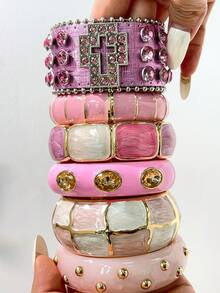 Pink Stackable Resin Bracelet Set, Exaggerated Wide Rhinestone Cross Bracelet, Bohemian Thick Marble Texture Gold Inlaid Personalized Bracelet, Party Holiday Fashion Jewelry, Perfect Gift For Girlfriend - Multicolor - View 3