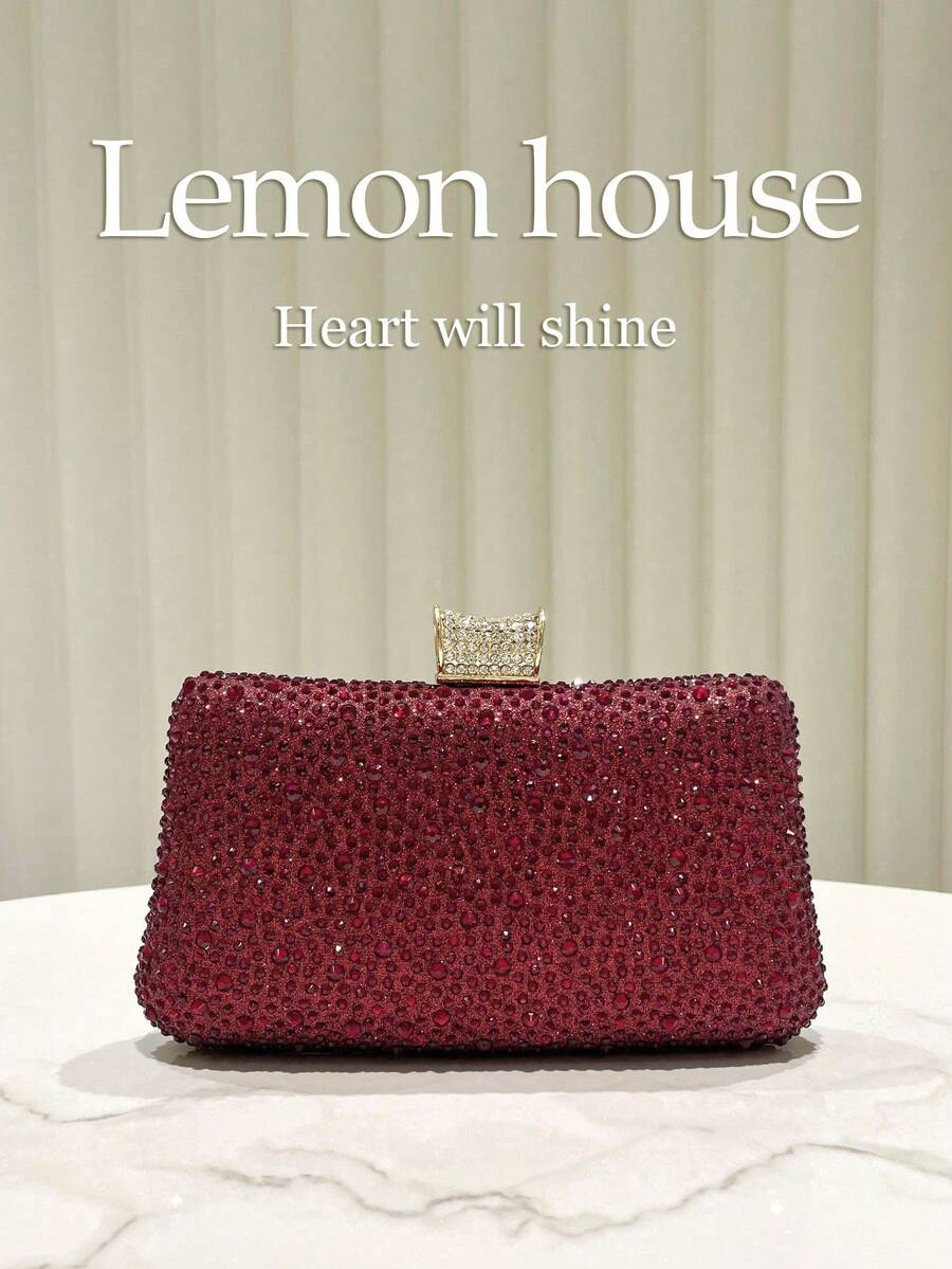 1個酒紅色亮面奢華水鑽裝飾手拿包，時尚優雅晚宴包、手提包、新娘包、斜背包，適合晚宴、宴會、派對、婚禮、舞會、聚會、正式場合，女性使用，適合作為女性禮物