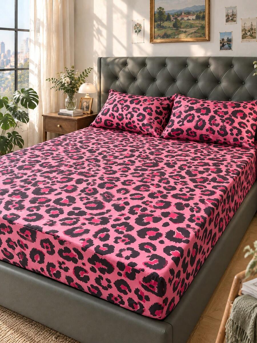 Juego de ropa de cama de 2/3 piezas con estampado de leopardo rosa (1 pieza sábana ajustable, 1/2 piezas funda de almohada, edredón no incluido)