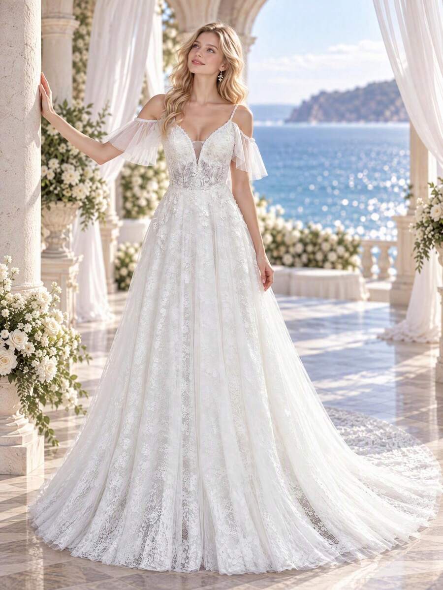 YOUKEFEIER Summer Elegant Spaghetti Strap Flutter Sleeve Lace Embroidered Long Wedding Dress Romantic Bridal Gown Suitable For Outdoor Beach Wedding - Beige - View 1