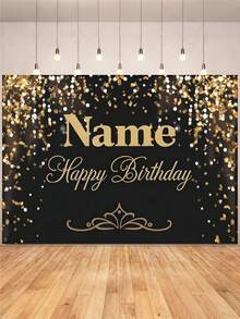 Custom Name, Black & Gold Glitter Polka Dot, Gold Crown Happy Birthday Design Background, Vinyl Material, Suitable For Birthday Party Cake Table Decoration, Banner, Portrait Photography Prop, Photo Booth Backdrop, Elegant - Multicolor - View 3