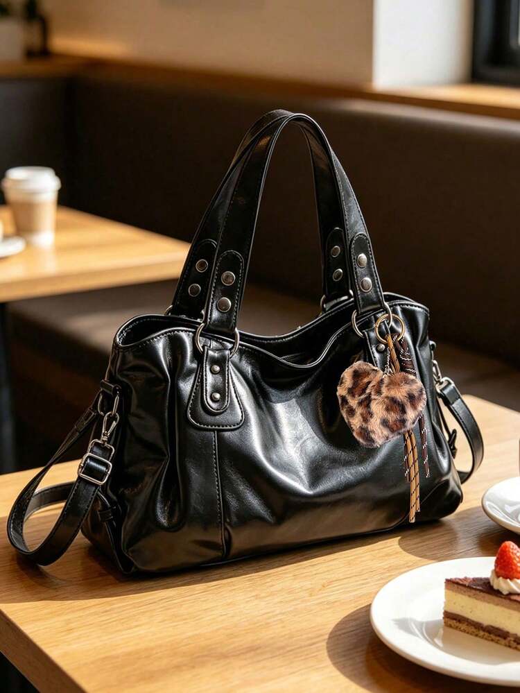 Fashionable Artifical Leather Large Capacity Hand-Held Tote Bag Commuter Shoulder Crossbody Ladies Bag, Suitable For Going Out, Shopping, Travel - Black - View 7