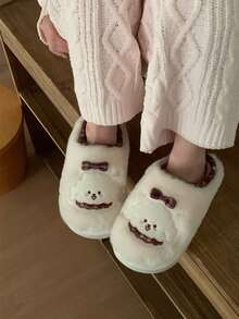 XIXITIAO Cute Warm Maternity Slippers For Women, Bowknot Puppy Design, Winter Fuzzy Indoor House Slippers, Sweet Girl Style - White - View 9