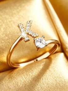 1pc Fashion Copper Plated Niche Luxury Inlaid Shiny Zirconia Ring, 26 Letter Design, Suitable For Women's Daily Wear Creative Minimalist Exquisite Finger Ring - Yellow Gold - View 7