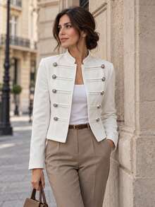 LuminousWealth Women's Royal Style Double-Breasted Short Thin Jacket, Stand Collar Retro Blouse, Suitable For Spring And Autumn - White - View 5