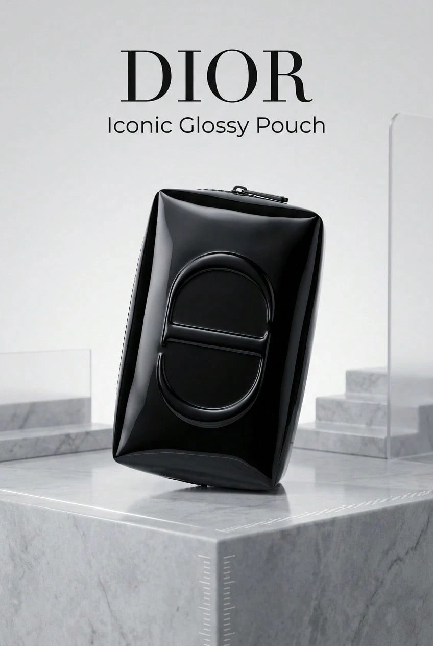 Dior Iconic Glossy Pouch | Black Patent Cosmetic Bag, Embossed CD Logo, Waterproof Travel Makeup Organizer, Luxury Beauty Storage Pouch For Gift & Daily Use - Black - View 1