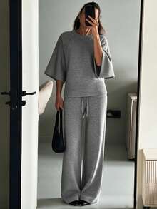 Women's Gray Crew Neck Raglan Three Quarter Sleeve Knit Sweater & Drawstring Wide Leg Pants Two Pieces Set, Casual Cozy Fall Winter Daily Wear - Grey - View 4