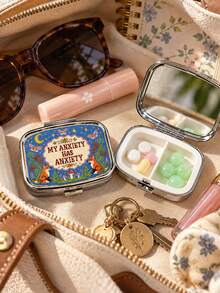 Embroidery Effect 2D Flat Pattern Pill Box With "Anxiety But Making It Cute" Text, Funny Bee Vitamin Box, Mental Health Awareness Gift, Small Jewelry Storage Box, Weekly Medication Organizer, Suitable For Daily Medication And Vitamins, Emergency Needs, Travel, Hiking Emergency Rescue, Unique Gift Choice For Halloween And Christmas - Multicolor - View 2