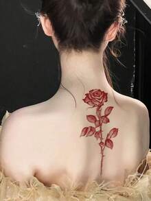 1pc Red Sexy Rose Pattern Temporary Tattoo Sticker, DIY Music Festival Party Holiday Gift, Waterproof Body Skin Tattoo For Arm, Waist, Abdomen, Back - Red - View 3