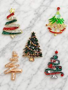 5pcs Christmas Tree Brooch Set, Multiple Rhinestone Christmas Tree Style Combinations, Holiday Atmosphere Lapel Accessories, Coat Sweater Jacket Holiday Decoration Small Items - 5pcs - View 9