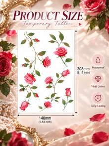 Rose Vine Temporary Tattoos For Women, Waterproof Floral Tattoo Stickers, Long-Lasting Botanical Body Art For Neck, Collarbone, Shoulder, Chest, Arm, Leg, Party, Festival & Summer Style - Multicolor - View 9