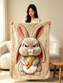 1pc Funny Angry Four-Ear Rabbit Carrot Pattern Flannel Blanket, Super Soft Comfortable Lightweight Cartoon Rabbit Print Fleece Blanket, Warm Nap Blanket, Suitable For Sofa Bed Office Camping, Cute Animal Home Decor Gift - Multicolor - View 3