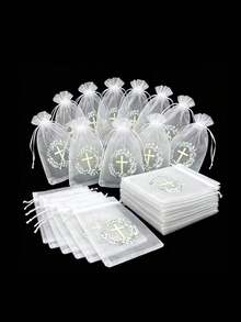 1/5/10pcs Baptism Gift Bags, Drawstring Closure, 4x6 Inch Religious Gift Bags, Suitable For Baptism, First Communion, Christmas, Nativity Party Gifts, Cross Drawstring Closure (White & Greenery) - Multicolor - View 10
