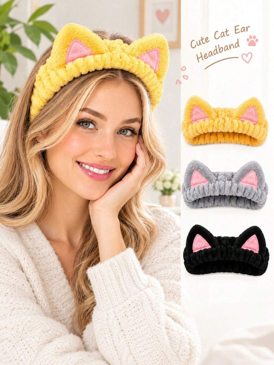 Women's Autumn/Winter New Wide Thick Cat Ear Headband With Edging Embroidery For Face Washing And Masking, Cute Plush Hair Accessory - Multicolor - View 1