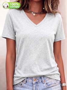 純棉布料 100% 棉 女款 T 恤上衣 淡灰色 V 領短袖 春夏款 - 淺灰色 - 查看 5