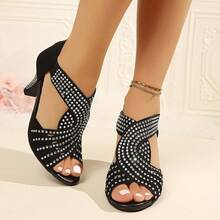 Black Rhinestone Hollow Out Chunky Heel Sandals For Women, Peep Toe Back Zipper Open Toe High Heels, Party Wedding Stage Evening Shoes - Black - View 3