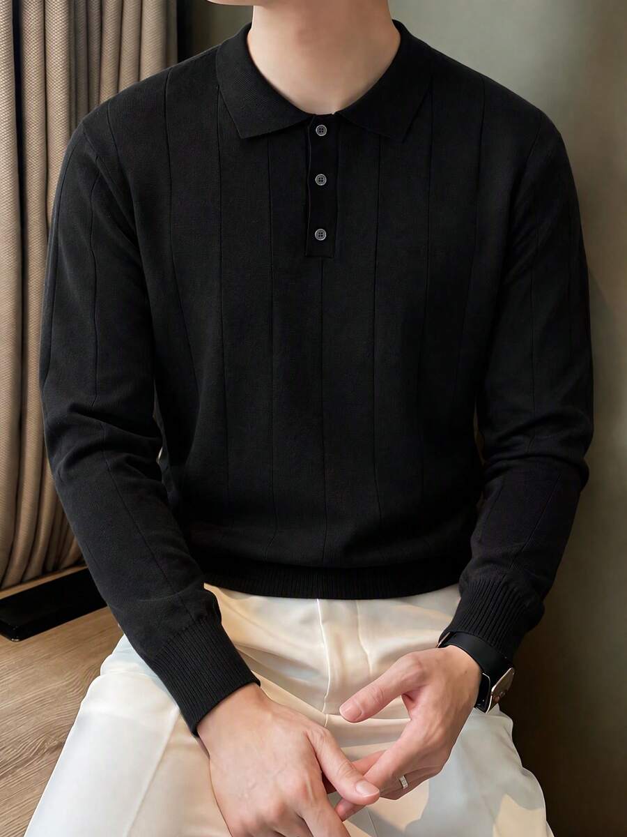 男士直條紋針織紋理 Polo 針織毛衣 羅紋面料 商務休閒長袖套頭衫