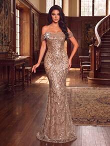 Elegant Cold Shoulder Beaded Mermaid Evening Gown With Crystal Star Brooch, Geometric Sequin Pattern And Lace-Up Back Design, Suitable For Dinner, Banquet And Ball - Champagne - View 5