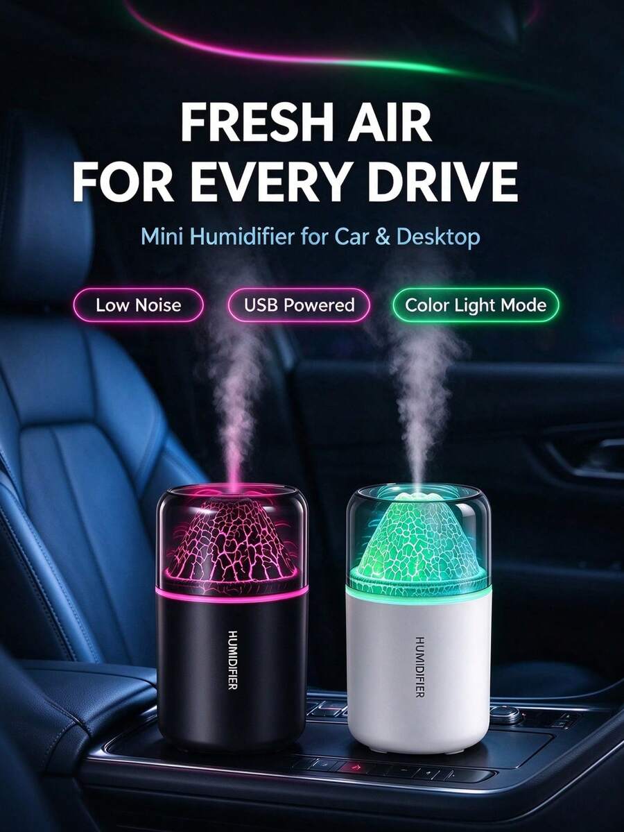 1pc 180ml Car Aromatherapy Humidifier Set, Volcano Air Humidifier With Colorful Gradient Ambient Light, USB Portable Power, Quiet Operation, Both A Humidifier And A Desktop Decoration With Colorful Lights. Car Mist Diffuser, Suitable For Car And Indoor Use, Ideal Gift, Compatible With All Car Models.