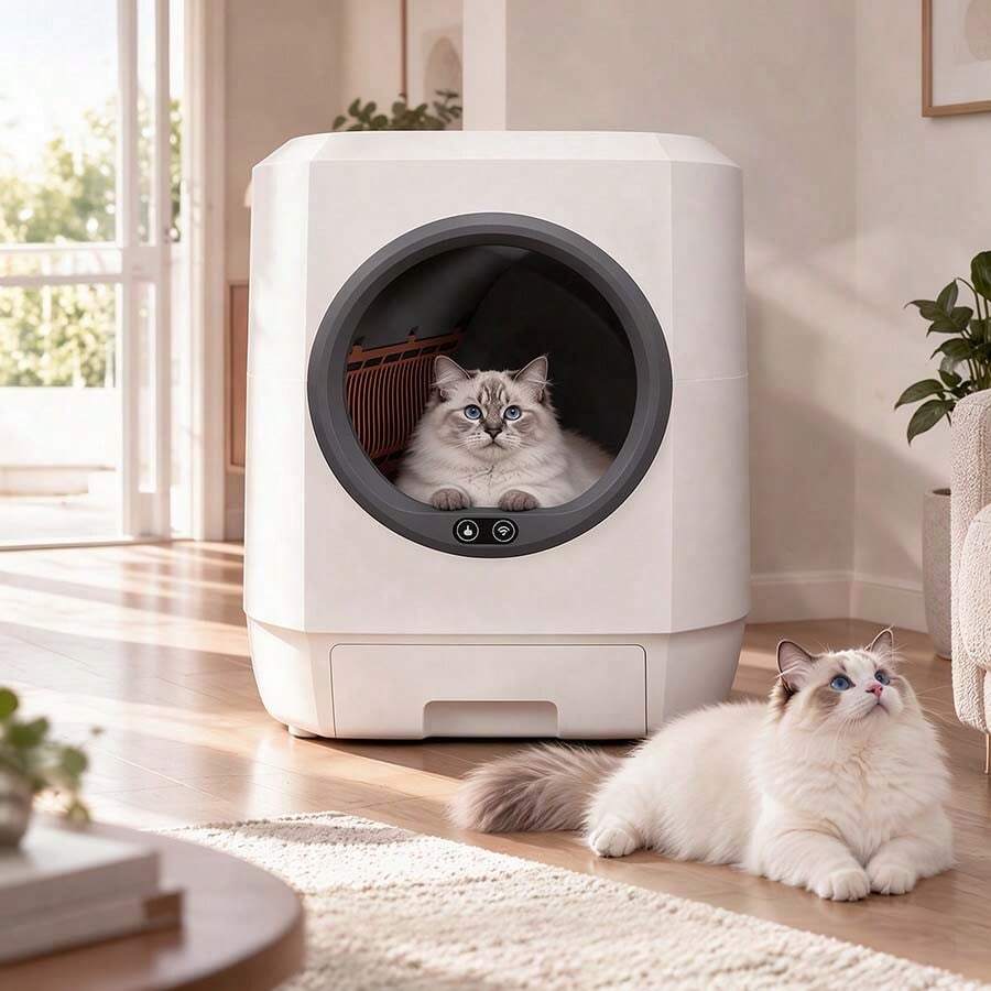 DEVOKO Self-Cleaning Cat Litter Box, 90L Large Capacity, 8.5L Waste Bin, Smart Cat Litter Box, App Control, 2.4GHz WiFi, Odor Reduction, Modular Design, Suitable For 1.5–10kg Cats, Complete Accessory Set - White - View 1