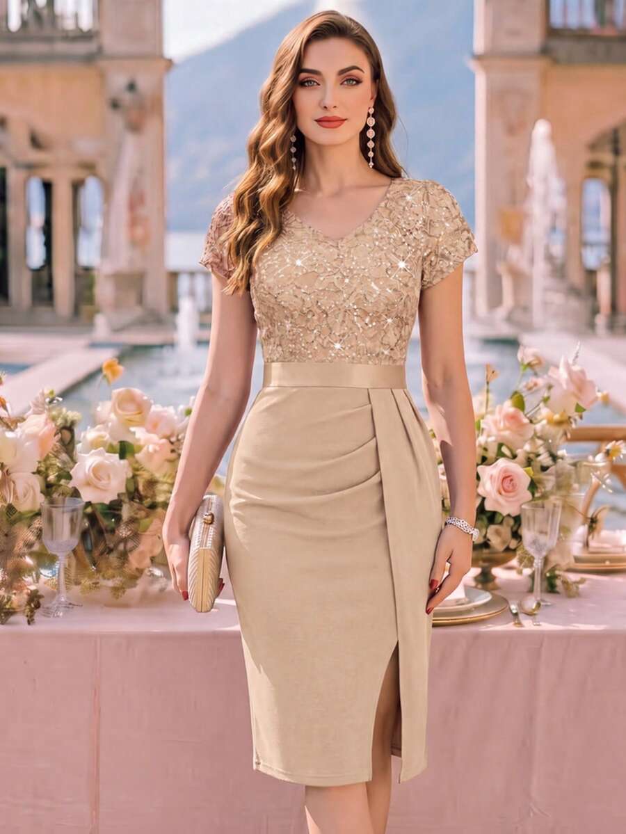 MIUSOL Elegant Sequin Lace Puff Sleeve Ruched High Slit Bodycon Cocktail Dress, Semi-Formal Women's Evening Gown Party Wedding Fall - Champagne - View 1