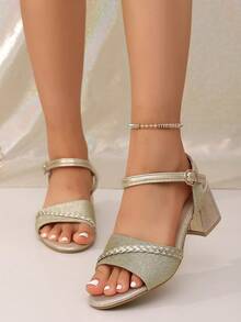 1Pair Women Plain Glitter Upper Woven Strap Detail Wear-Resistant Open Toe Block Heel Sandals, Glam For Date Night Banquet Holiday - Gold - View 1