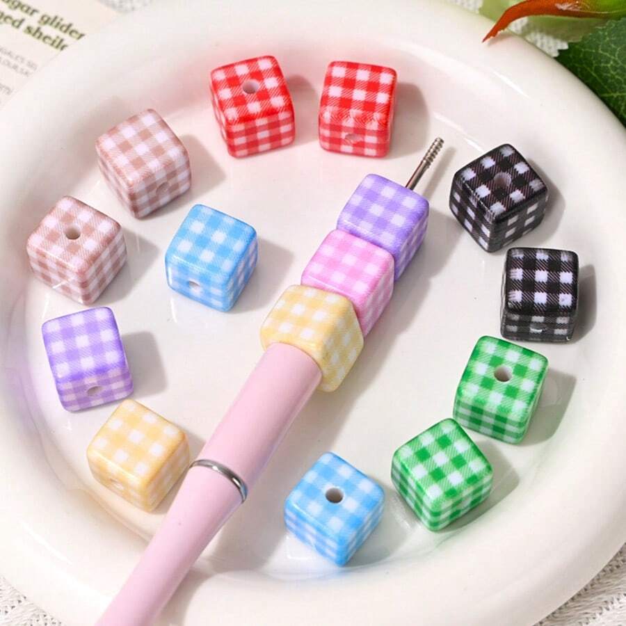 10pcs 14mm Polka Dot Style Acrylic Square Beads With Straight Hole, Large Hole Loose Beads For DIY Phone Chain, Keychain, Pendant, Pen Decoration, Box Packaging - 14mm Polka Dot Square - View 1