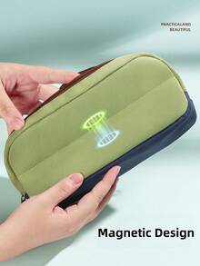 1pc Foldable Handheld Pencil Bag, Multi-Compartment Large Capacity Storage Pouch, Vintage Color Block Design, For Daily Use, Students, Kids - Multicolor - View 3
