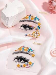 2pcs Y2K Sweet Cool Style Shiny Star Butterfly Face Rhinestone Stickers, Blue Iridescent Water Drop Rhinestones + Gold Star Self-Adhesive Eye & Body Gem Stickers, Suitable For Music Festival, EDM Party, Christmas, Carnival Makeup - Multicolor - View 8