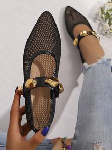 Women Breathable Mesh Mary Jane Flats, Point Toe Gold Tone Metal Accent Strap, Fashion Hollow Out Slip On Daily Dress Shoes - Black - View 1