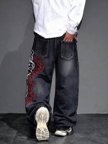 1pc American Retro High Street Hip Hop Men's Denim Jeans With Side Embroidery, Wide Leg, Casual Loose Fit, All Season Long Pants | Belt & Accessories Not Included - Black - View 2