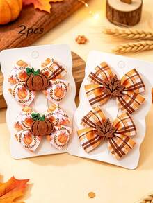2pcs Thanksgiving Bow Hair Clips, Sequin Pumpkin & Maple Leaf Decorated Bows, Alligator Clip Hair Accessories, Harvest Festival Party Gift For Girls - Multicolor - View 1