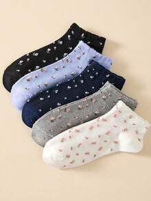 5 Pasang Kaos Kaki Pendek Wanita, Kaos Kaki Pendek Motif Bunga Kecil, Sederhana dan Nyaman, Cocok untuk Semua Musim - MultiWarna - View 5