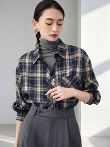 YUXIN Women's Loose Plaid Long Sleeve Shirt, Turn-Down Collar Button Front With Chest Pocket, Casual Autumn Back To School Top - Dark Blue - View 5
