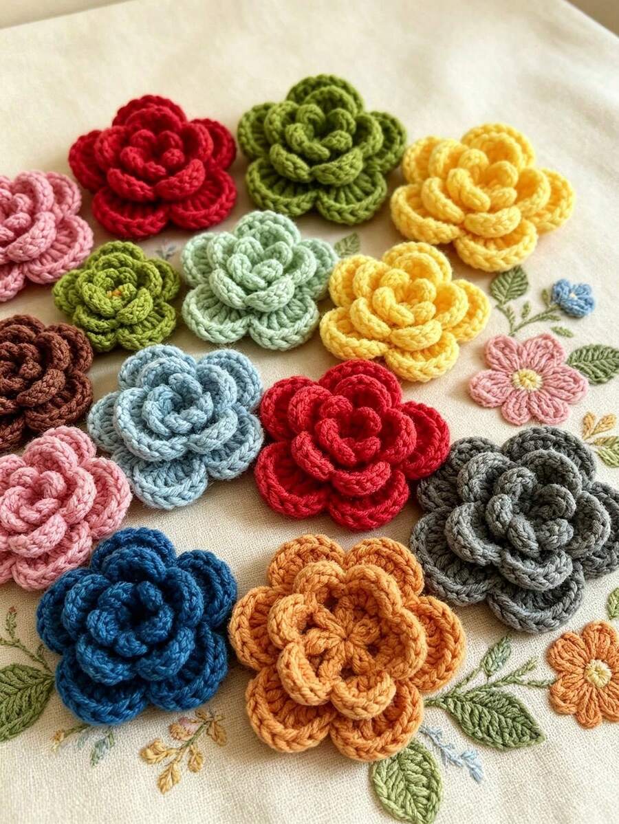 6pcs/Set Random Colors (No Duplicates) Hand-Crocheted Flowers, Made Of Yarn, Three-Dimensional And Full, Hand-Knitted And Not Prone To Pilling. DIY Hair Accessories, Clothing Decorations, And Craft Materials For DIY Enthusiasts.