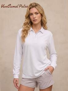 Vancamel Pulse Women's Casual Loose Long Sleeve Polo Shirt, Lightweight Solid Color Minimalist Campus Style Long Sleeve T-Shirt, Commute Casual Versatile Solid Color Collared T-Shirt - White - View 1