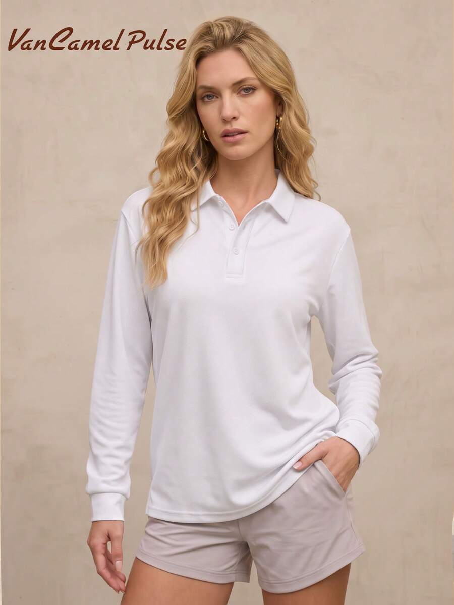 Vancamel Pulse Women's Casual Loose Long Sleeve Polo Shirt, Lightweight Solid Color Minimalist Campus Style Long Sleeve T-Shirt, Commute Casual Versatile Solid Color Collared T-Shirt - White - View 1