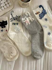 1/4/8 Pairs Women's Cartoon Cat Mid-Calf Socks, With Cute Letter Print, Ins Style Versatile Socks - Multicolor - View 7