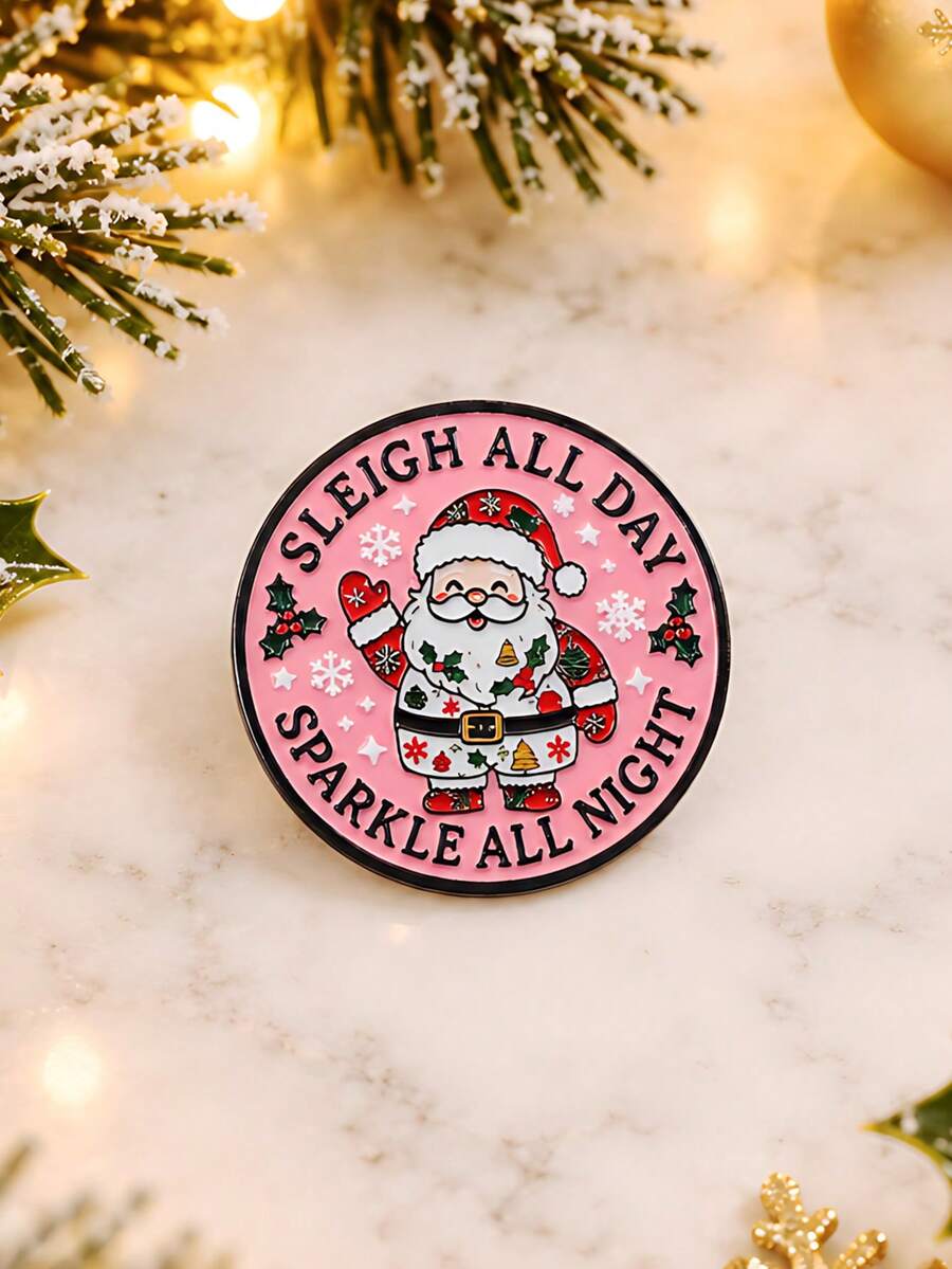 1pc Cute Christmas Style Metal Pink Snowflake Holly English Quote Round Santa Claus Brooch Men's Christmas Backpack Jacket Decoration Gift - Multicolor - View 1