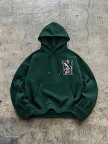 Krometka Men's Japanese Samurai Character Graphic Hoodie, Streetwear Loose Casual Pullover - Green - View 5