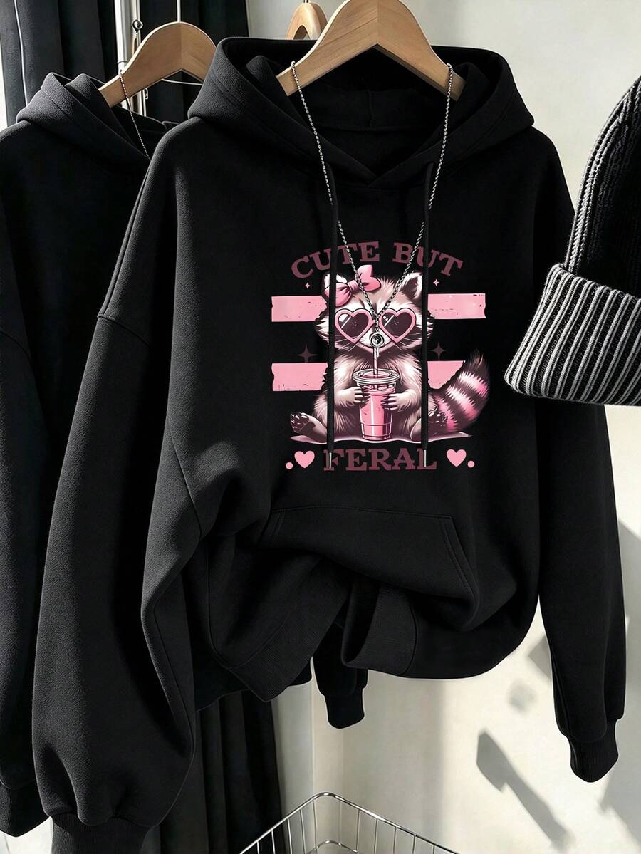 Women's Plus Size Casual Hoodie, Cute Raccoon & Letter Print, With Pockets, Y2K "Sweet Cool" Style, Suitable For Autumn/Winter Wear - Black - View 1