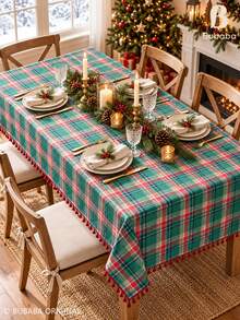 1 chiếc khăn trải bàn hình chữ nhật họa tiết kẻ caro tartan Giáng Sinh phong cách vintage với tua rua đỏ, phối màu đỏ, xanh lá và xanh navy, phong cách mộc mạc farmhouse, dùng trang trí bàn ăn cho bữa tối Giáng Sinh, tiệc lễ hội, nhà bếp và sử dụng hàng ngày - màu xanh lá - Xem 2