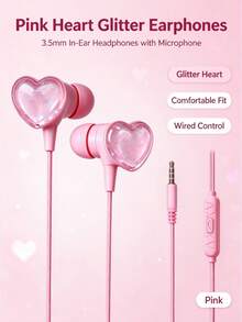 1pc Pink Heart-Shaped Flashing Wired Headset, Fully Compatible With Type-C/3.5MM, Full In-Ear DIY Cute Accessories, Built-In Volume Control And Microphone, High-Definition Call Mobile Phone Headset, Cute Gift, Suitable For Music, Learning And Games - View 15