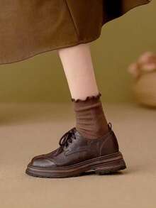 Women's Thick Sole Solid Color PU Oxford Shoes, Fashionable College Style Lace-Up Loafers, All Season Commute Brown Leather Shoes - Brown - View 11