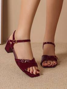 Wine Red New Fashion Women's High Heel Sandals, Minimalist Style With Back Strap, Single Strap, Chunky Heel, Square Toe, Open Toe, Peep Toe Slippers - Burgundy - View 6