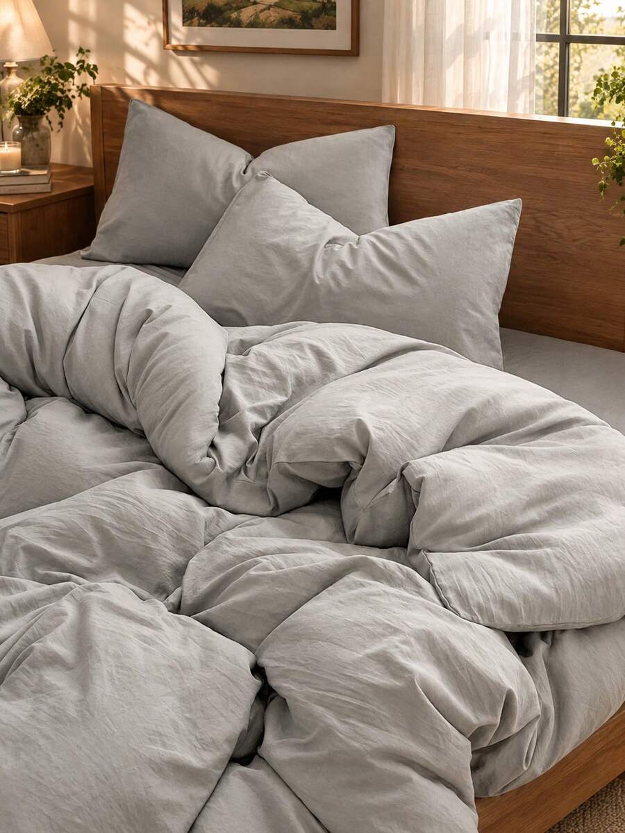 3pcs 100% Polyester Solid Color Duvet Cover Set (1 Duvet Cover And 2 Pillow Shams), Modern Polyester Bedding, Lightweight & Breathable, Suitable For All Seasons - Light Grey - View 1