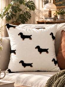 1pc Pillow Case, Dachshund Embroidery Design, 100% Polyester, Zipper Closure, No Filling, Suitable For Living Room, Bedroom And Dining Room Decor - White - View 1